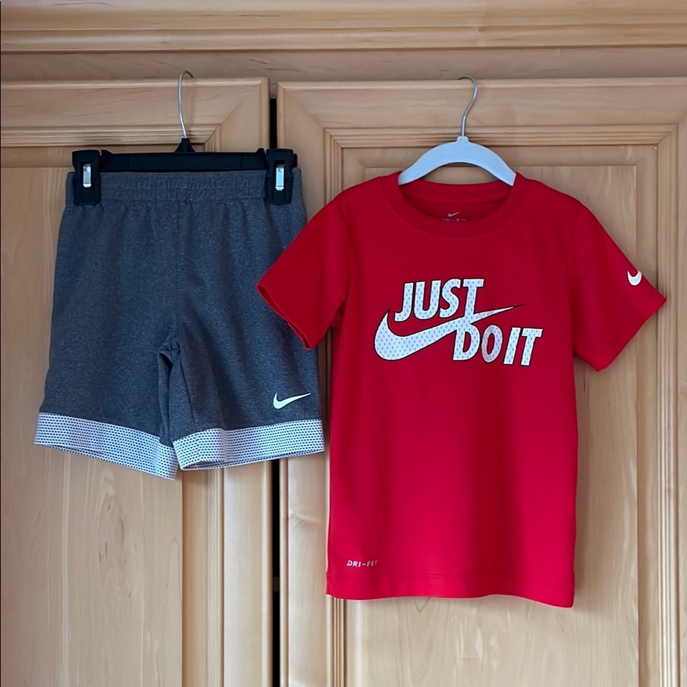 Nike Red 'Just Do It' T-Shirt and Gray Shorts Set